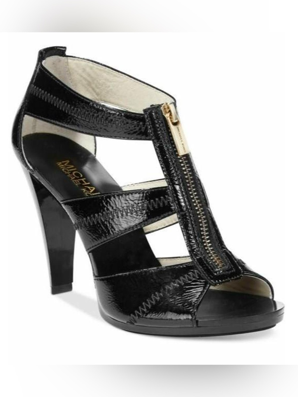 MICHAEL Michael Kors Black Patent Leather Zip-Strap Peep Toe Heels